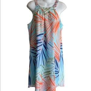 NWT Ladies 12 Dressbarn Dress Sleeveless Light Blue Multi Asymmetric Hem Lined